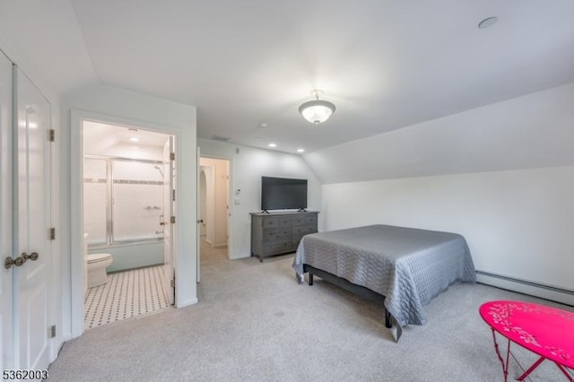 60 Fernwood Rd, Summit City, NJ 07901 - bedroom with vaulted ceiling, a baseboard heating unit, light colored carpet, and connected bathroom