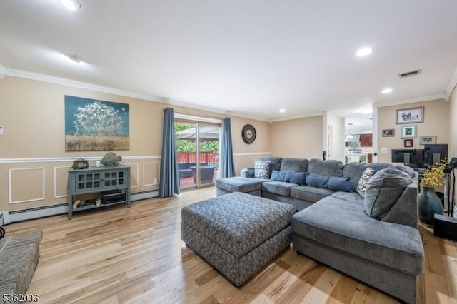 5 Mariner Dr, Randolph Twp, NJ 07869 - living area with ornamental molding, light wood-type flooring, a wainscoted wall, recessed lighting, and a decorative wall