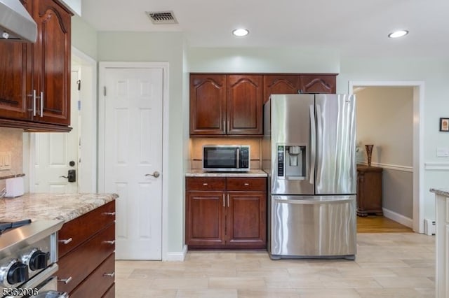 5 Mariner Dr, Randolph Twp, NJ 07869 - kitchen with appliances with stainless steel finishes, baseboards, exhaust hood, light stone counters, and recessed lighting