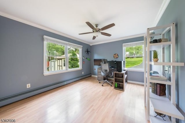 5 Mariner Dr, Randolph Twp, NJ 07869 - office area with crown molding, a baseboard heating unit, healthy amount of natural light, wood finished floors, and ceiling fan