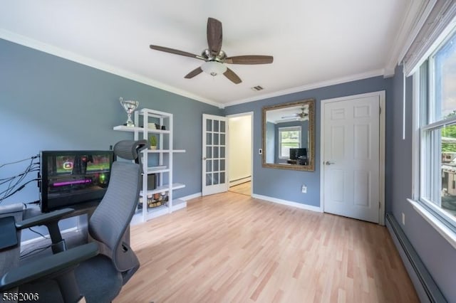 5 Mariner Dr, Randolph Twp, NJ 07869 - home office featuring a baseboard heating unit, ceiling fan, wood finished floors, ornamental molding, and baseboards