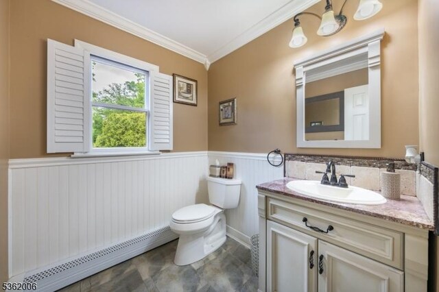5 Mariner Dr, Randolph Twp, NJ 07869 - half bath featuring crown molding, vanity, baseboard heating, a wainscoted wall, and toilet