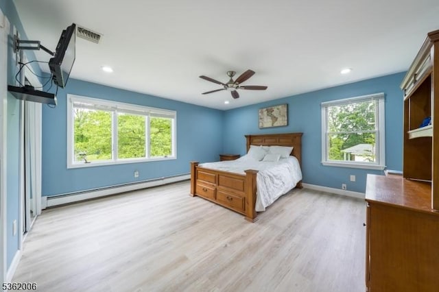 5 Mariner Dr, Randolph Twp, NJ 07869 - bedroom with a baseboard radiator, light wood-style floors, baseboards, recessed lighting, and ceiling fan