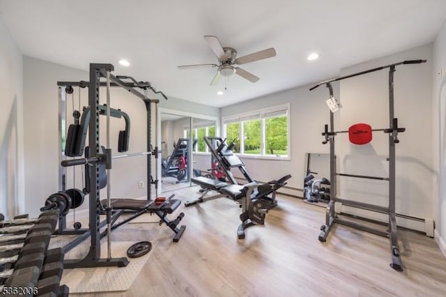 5 Mariner Dr, Randolph Twp, NJ 07869 - exercise area with ceiling fan, wood finished floors, recessed lighting, a baseboard heating unit, and a baseboard radiator