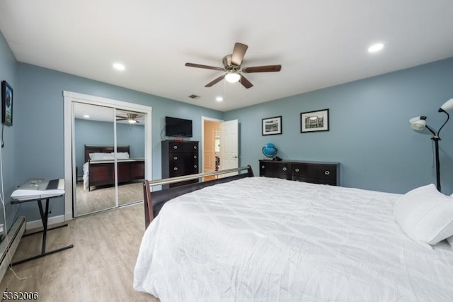 5 Mariner Dr, Randolph Twp, NJ 07869 - bedroom featuring wood finished floors, baseboards, recessed lighting, baseboard heating, and ceiling fan