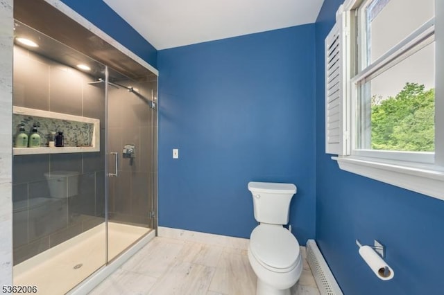 5 Mariner Dr, Randolph Twp, NJ 07869 - bathroom featuring toilet, baseboards, a shower stall, and a baseboard heating unit