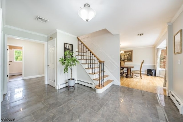 5 Mariner Dr, Randolph Twp, NJ 07869 - foyer entrance featuring a baseboard radiator, stairway, crown molding, baseboards, and a chandelier