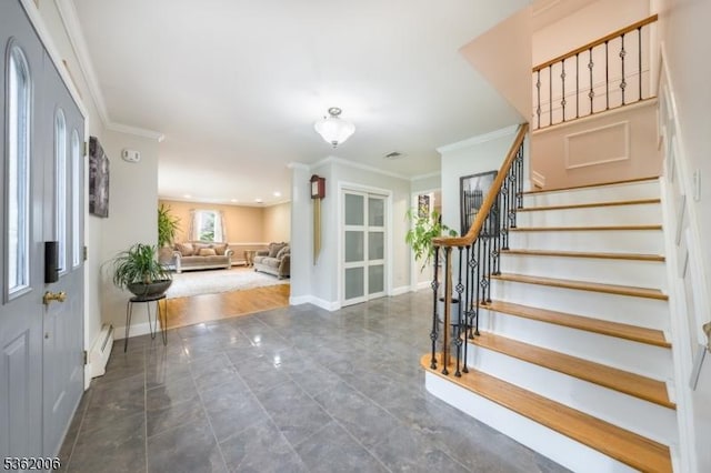 5 Mariner Dr, Randolph Twp, NJ 07869 - entryway with a baseboard radiator, stairs, crown molding, and baseboards