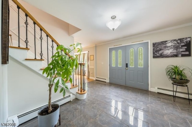 5 Mariner Dr, Randolph Twp, NJ 07869 - foyer with a baseboard radiator, crown molding, stairs, and baseboards