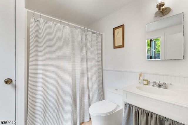 902 Mount Benevolence Rd, Stillwater Twp, NJ 07860 - bathroom featuring toilet, vanity, a wainscoted wall, ornamental molding, and a shower with curtain