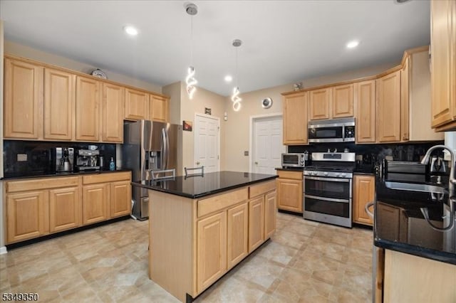 14 Barn Swallow Ct, Greenwich Twp, NJ 08886 - kitchen featuring stainless steel appliances, light brown cabinets, a sink, backsplash, and a kitchen island
