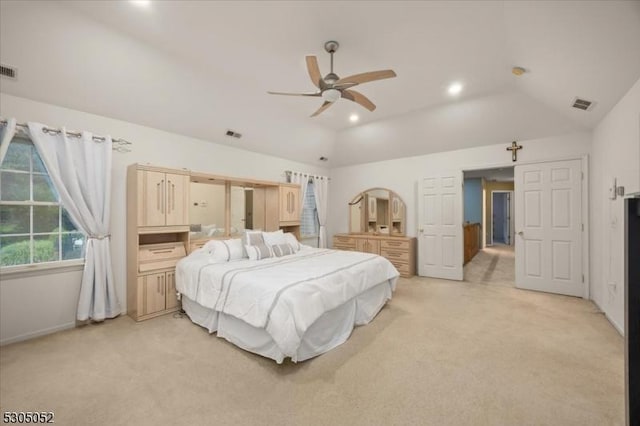14 Barn Swallow Ct, Greenwich Twp, NJ 08886 - bedroom with light colored carpet, vaulted ceiling, recessed lighting, baseboards, and a ceiling fan