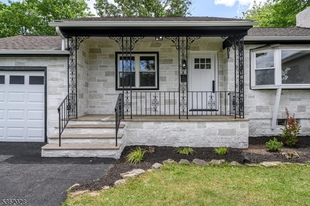 144 Elm St, Rockaway Twp, NJ 07801 - view of front of home with stone siding, a garage, a porch, and a shingled roof