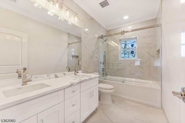 1537 Franklin St, Clark Twp, NJ 07066 - bathroom with crown molding, toilet, enclosed tub / shower combo, double vanity, and marble finish flooring