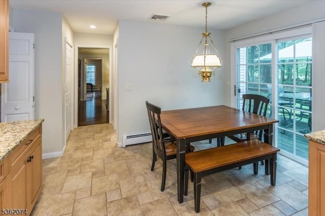 31 Winay Ter, Washington Twp, NJ 07853 - dining room with stone finish floors, a baseboard heating unit, and recessed lighting