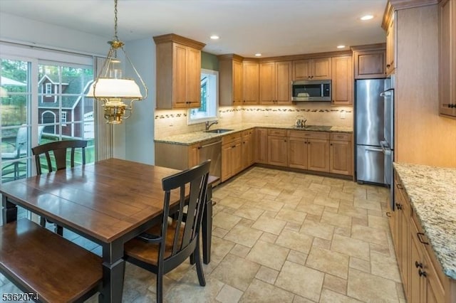 31 Winay Ter, Washington Twp, NJ 07853 - kitchen featuring stainless steel appliances, stone finish flooring, tasteful backsplash, light stone countertops, and recessed lighting