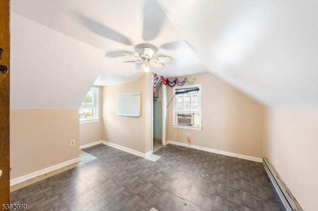 1236 Mayfair Dr, Rahway City, NJ 07065 - bonus room with a baseboard radiator, ceiling fan, vaulted ceiling, baseboards, and cooling unit