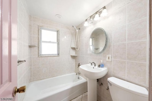 1236 Mayfair Dr, Rahway City, NJ 07065 - full bathroom with tile walls, bathing tub / shower combination, toilet, and tile patterned flooring