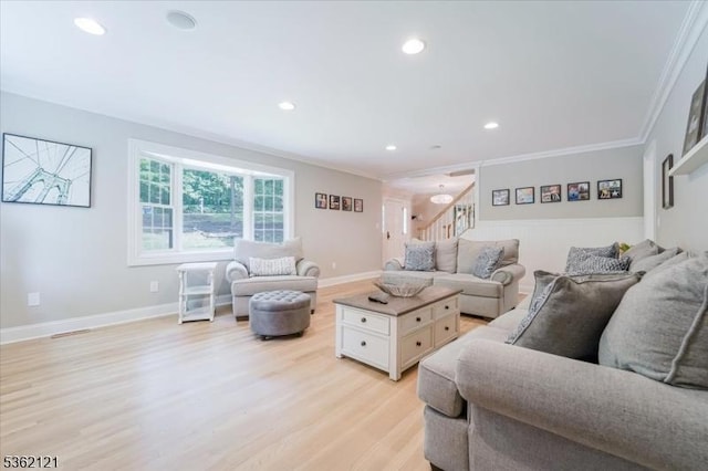 17 Olsen Dr, Warren Twp, NJ 07059 - living room featuring ornamental molding, light wood-style flooring, stairway, recessed lighting, and baseboards