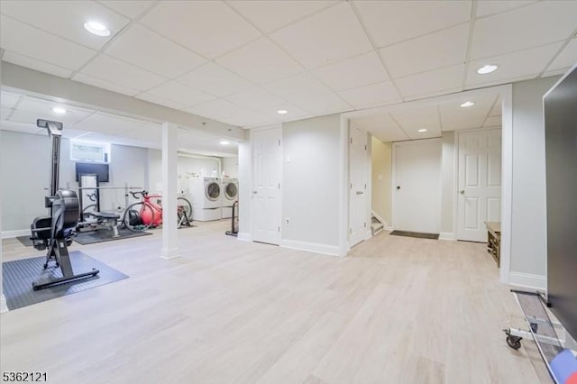 17 Olsen Dr, Warren Twp, NJ 07059 - workout room featuring wood finished floors, washer and dryer, a drop ceiling, baseboards, and recessed lighting