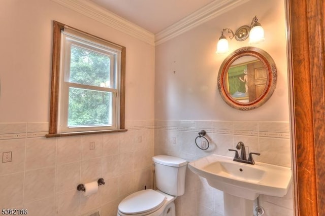 1 Willow Brook Ln, Clinton Twp, NJ 08801 - half bath with tile walls, crown molding, and a wainscoted wall