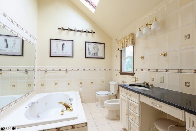 1 Willow Brook Ln, Clinton Twp, NJ 08801 - bathroom with a jetted tub, a bidet, a skylight, vaulted ceiling, and tile patterned flooring