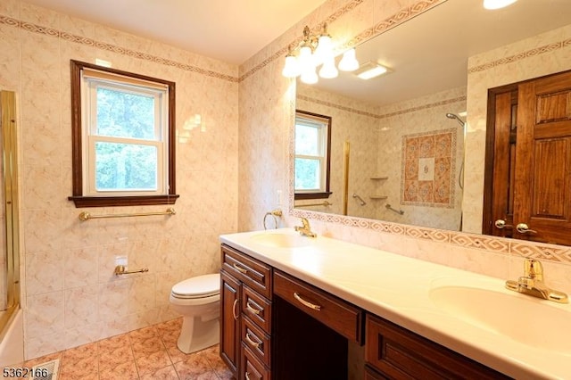 1 Willow Brook Ln, Clinton Twp, NJ 08801 - bathroom with plenty of natural light, double vanity, tile patterned flooring, tile walls, and tub / shower combination