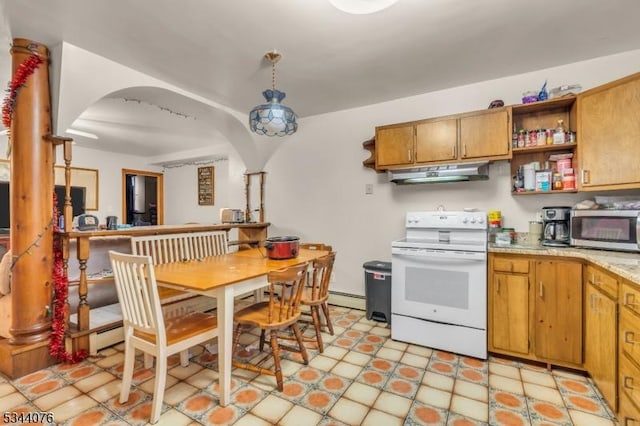 192 Market St, Belvidere Twp, NJ 07823 - kitchen with white electric stove, stainless steel microwave, under cabinet range hood, arched walkways, and baseboard heating