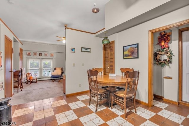 192 Market St, Belvidere Twp, NJ 07823 - dining room featuring ceiling fan, baseboards, ornamental molding, and light colored carpet