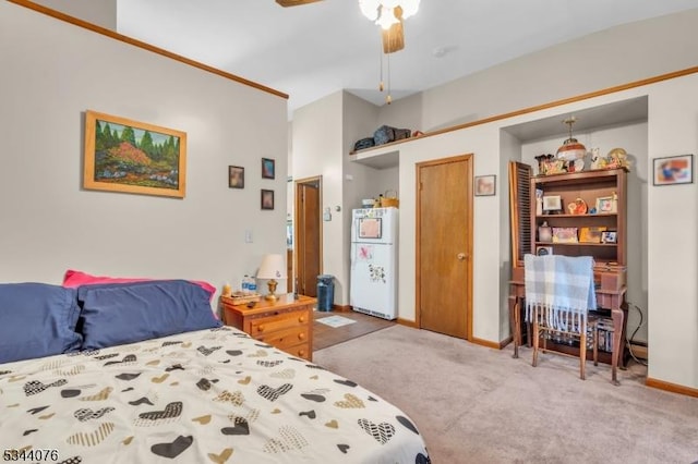 192 Market St, Belvidere Twp, NJ 07823 - carpeted bedroom with freestanding refrigerator, baseboards, and ceiling fan