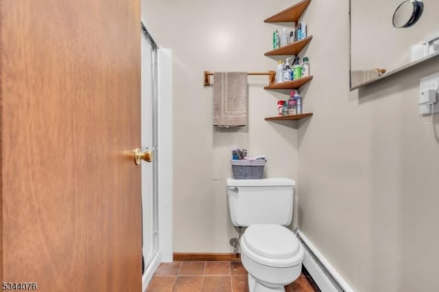 192 Market St, Belvidere Twp, NJ 07823 - full bath with a stall shower, toilet, baseboards, tile patterned flooring, and baseboard heating