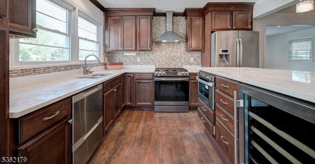 457 Central Ave, New Providence Boro, NJ 07974 - kitchen with stainless steel appliances, beverage cooler, a sink, wall chimney exhaust hood, and dark wood finished floors