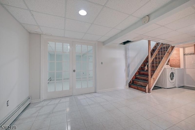 457 Central Ave, New Providence Boro, NJ 07974 - basement with separate washer and dryer, a baseboard radiator, stairs, french doors, and a drop ceiling