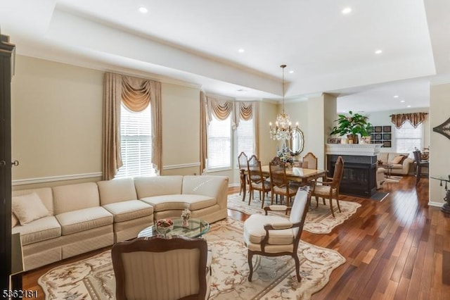 24 Quartz Way, Woodland Park, NJ 07424 - living area with a tray ceiling, dark wood-style floors, a chandelier, recessed lighting, and baseboards