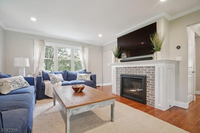 11 Western Blvd, Long Hill Twp, NJ 07933 - living area featuring wood finished floors, a fireplace, ornamental molding, recessed lighting, and baseboards