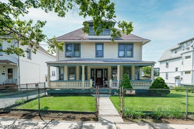 60 Ella St, Bloomfield Twp, NJ 07003 - american foursquare style home with covered porch, a fenced front yard, and a gate