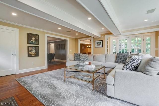 89 Maple St, Millburn Twp, NJ 07041 - living area featuring ornamental molding, baseboards, wood finished floors, french doors, and beam ceiling
