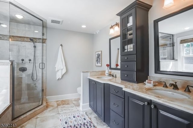 89 Maple St, Millburn Twp, NJ 07041 - full bath featuring baseboards, double vanity, a stall shower, toilet, and recessed lighting