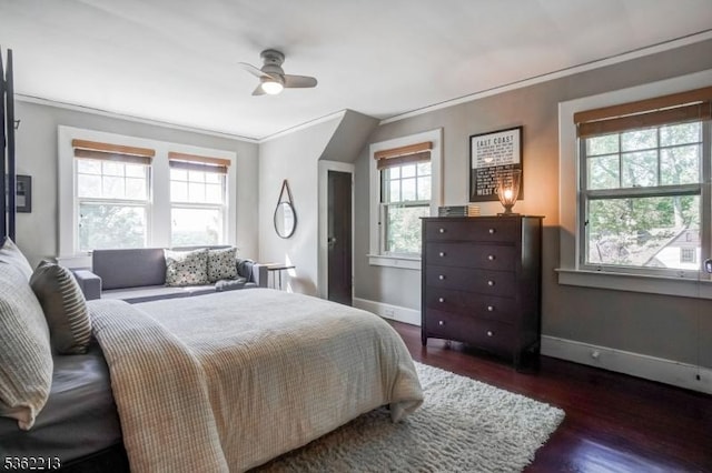 89 Maple St, Millburn Twp, NJ 07041 - bedroom featuring dark wood-style floors, baseboards, ornamental molding, and a ceiling fan