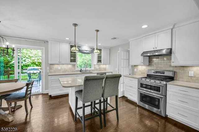 48 Kahdena Rd, Morris Twp, NJ 07960 - kitchen with double oven range, under cabinet range hood, a sink, white cabinetry, and recessed lighting