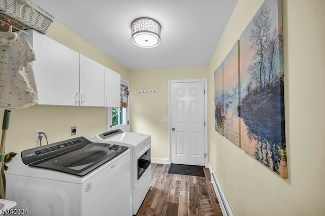 48 Kahdena Rd, Morris Twp, NJ 07960 - washroom featuring cabinet space, separate washer and dryer, dark wood-type flooring, a baseboard radiator, and baseboards