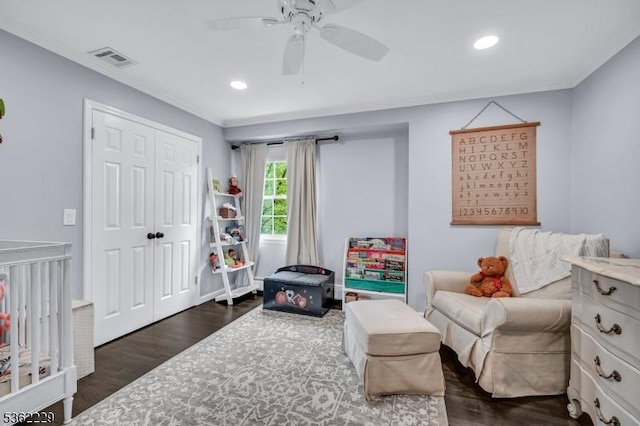 48 Kahdena Rd, Morris Twp, NJ 07960 - bedroom with dark wood-style flooring, crown molding, recessed lighting, ceiling fan, and a closet