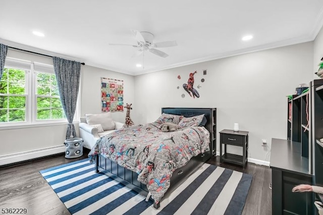 48 Kahdena Rd, Morris Twp, NJ 07960 - bedroom with dark wood finished floors, recessed lighting, baseboards, ceiling fan, and ornamental molding
