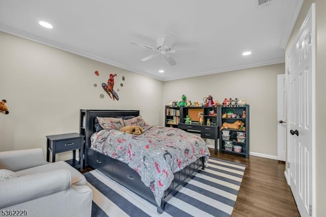 48 Kahdena Rd, Morris Twp, NJ 07960 - bedroom featuring wood finished floors, recessed lighting, baseboards, crown molding, and ceiling fan