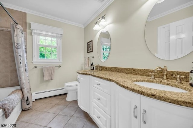 48 Kahdena Rd, Morris Twp, NJ 07960 - bathroom featuring a baseboard radiator, ornamental molding, double vanity, toilet, and tile patterned flooring