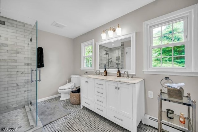 48 Kahdena Rd, Morris Twp, NJ 07960 - full bath with a baseboard heating unit, double vanity, a stall shower, toilet, and baseboards