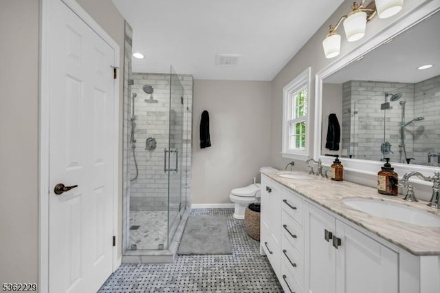 48 Kahdena Rd, Morris Twp, NJ 07960 - bathroom featuring double vanity, a shower stall, toilet, baseboards, and recessed lighting