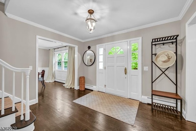 48 Kahdena Rd, Morris Twp, NJ 07960 - foyer with wood finished floors, a baseboard heating unit, ornamental molding, baseboards, and stairway