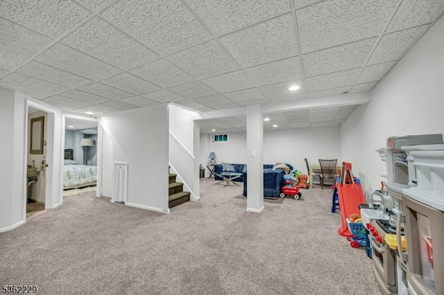 48 Kahdena Rd, Morris Twp, NJ 07960 - finished below grade area featuring a drop ceiling, stairway, carpet, and recessed lighting