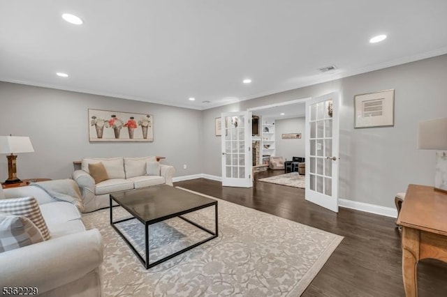 48 Kahdena Rd, Morris Twp, NJ 07960 - living area with french doors, baseboards, dark wood-style flooring, recessed lighting, and crown molding